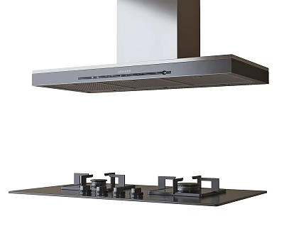 Modern Kitchen Range Hood And Gas Stove With Stainless Steel Design And Multiple Burners 3d model