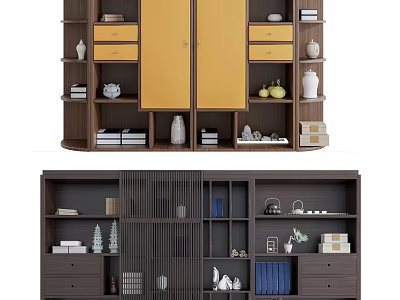 Modern Wooden Bookcase With Yellow Doors Striped Panels Books Vases And Decorative Ornaments 3d model