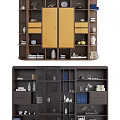 Modern Wooden Bookcase With Yellow Doors Striped Panels Books Vases And Decorative Ornaments