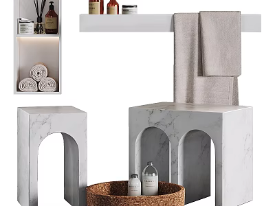 Elegant Marble Bathroom Accessories With Arched Stands Towels Storage Basket And Bottles 3d model