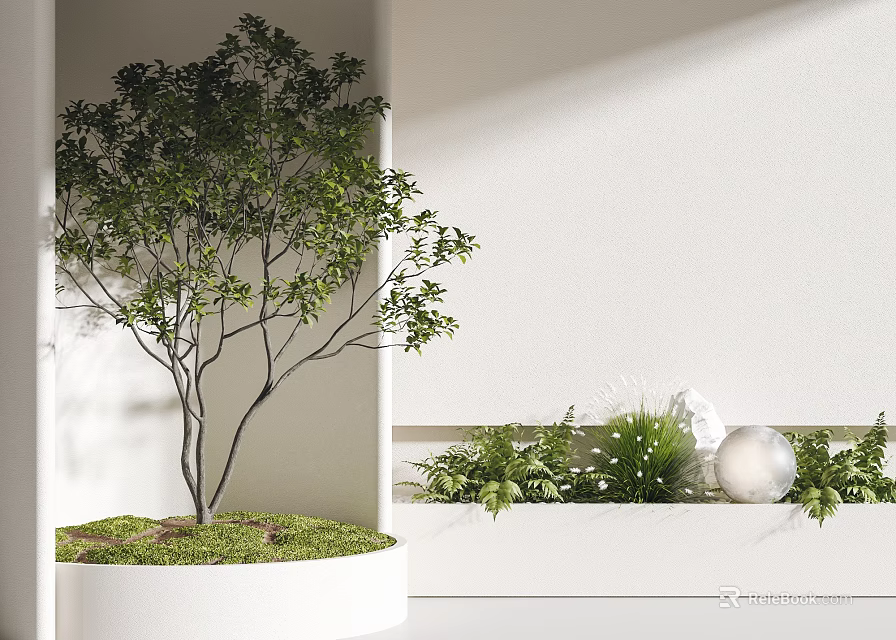 Modern Bonsai Plant Display In White Round Pot With Green Foliage And Decorative Elements 3d model 