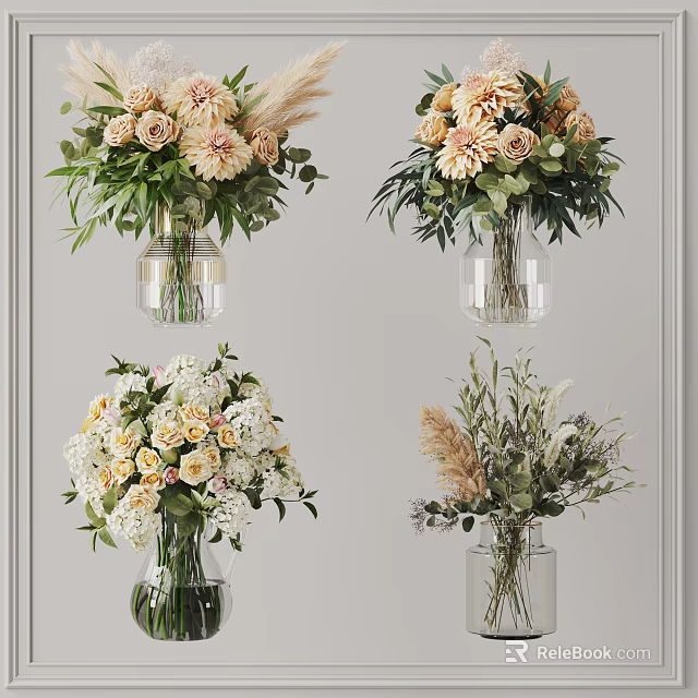 Decorative Glass Vases With Mixed Flowers Green Leaves And Pampas Grass Arrangement 3d model 