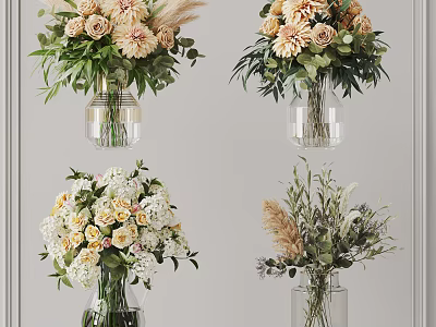 Decorative Glass Vases With Mixed Flowers Green Leaves And Pampas Grass Arrangement 3d model