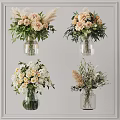 Decorative Glass Vases With Mixed Flowers Green Leaves And Pampas Grass Arrangement