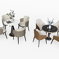 Modern Round Table and Chair Set with Marble Top Four Beige Brown Chairs and Vase