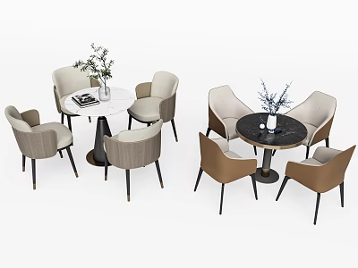 Modern Round Table and Chair Set with Marble Top Four Beige Brown Chairs and Vase 3d model