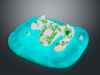 Island Architecture 3D Model With Green Vegetation Blue Water And Small Rocks 3d model