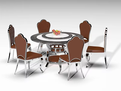 Modern Round Dining Table Set With Marble Top Brown Upholstered Chairs And Metal Legs 3d model