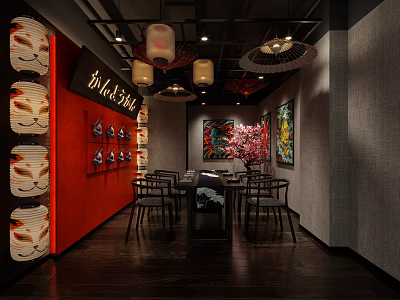 Japanese Restaurant Interior Design with Traditional Lanterns Decorative Paintings Cherry Blossom And Dining Table 3d model