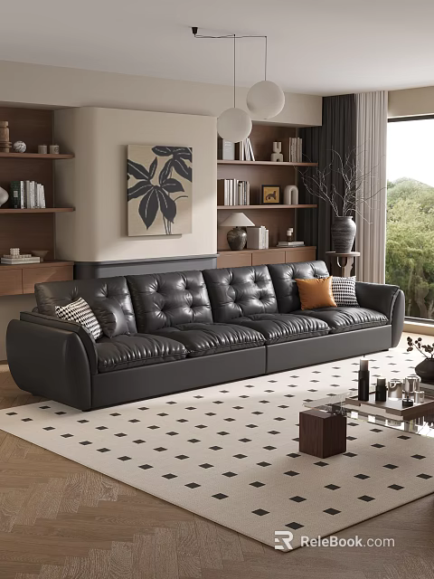 Black Leather Sofa with Orange and Striped Pillows and Modern Coffee Table in Living Room 3d model 