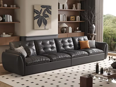 Black Leather Sofa with Orange and Striped Pillows and Modern Coffee Table in Living Room 3d model