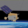 Modern Satellite With Solar Panels And Antenna Orbiting Blue Earth With Clouds
