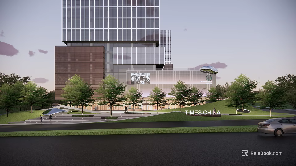 Modern Times China Plaza Landscape with Green Lawn Lush Trees and Tall Buildings 3d model 