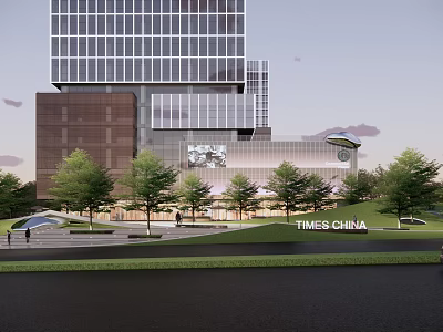Modern Times China Plaza Landscape with Green Lawn Lush Trees and Tall Buildings 3d model