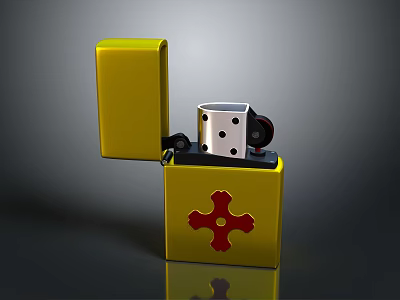 Yellow Lighter With Red Cross Design Open Lid And Internal Components 3d model