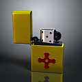 Yellow Lighter With Red Cross Design Open Lid And Internal Components