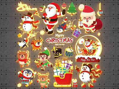 Christmas Photo Check In Spot With Santa Snowman Penguin Gifts And Decorations 3d model