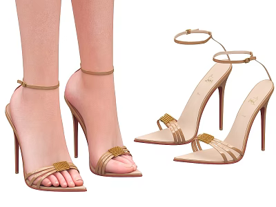 Nude Strappy High Heels With Ankle Strap And Gold Bow Detail Shoes 3d model