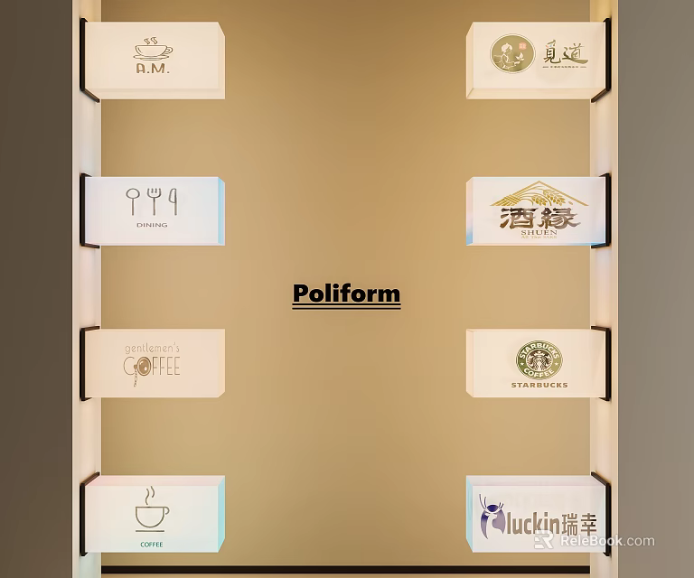 Illuminated Lightboxes With Various Branding Logos On Golden Display Panel For Commercial Advertising 3d model 