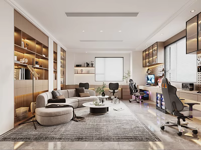 Modern Recreation Room Interior With Cozy Sofa Wooden Bookshelves Office Chair Rug And Large Window 3d model