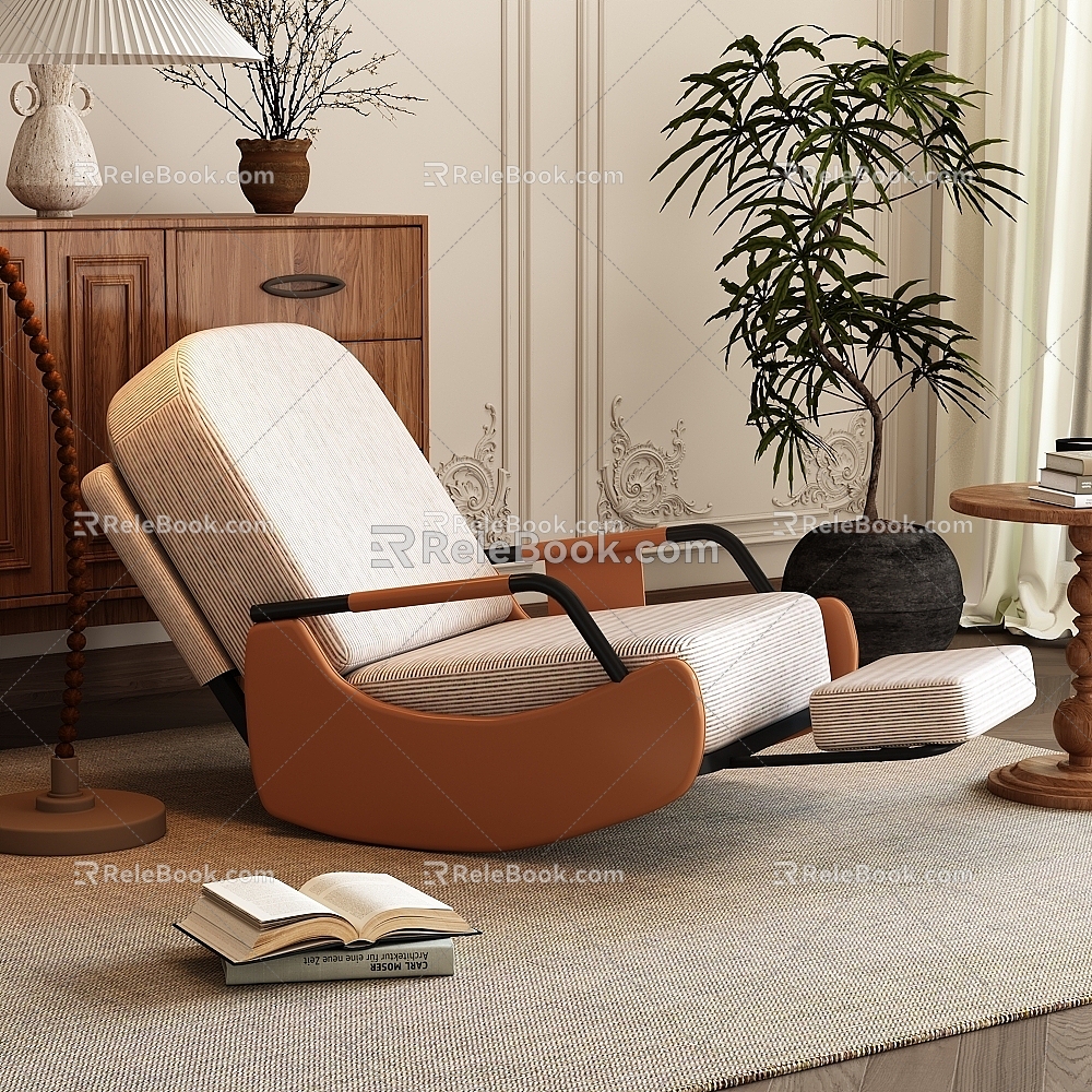 French Style Lazy Sofa Rocking French Style Lazy Sofa X Background Wall Leisure Table Sideboard Plaster Line Carpet Books Green Planting Sunlight Floor Lamp Ornaments Leisure Table Vase Nordic Wood Flooring 3d model