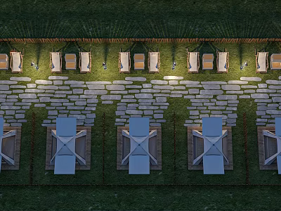 Camping Campground With Well Lit Grass Area Stone Paths And Lounge Chairs 3d model
