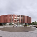 Cultural Center Modern Curved Architecture With Interior Greenery Open Space And Visitors