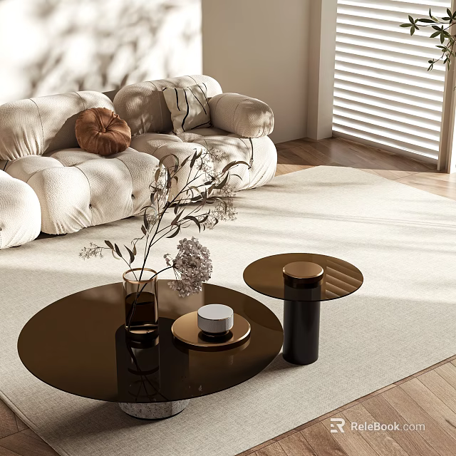 Modern Living Room Design With Round Brown Coffee Table Decorative Vases And Dried Flowers 3d model 
