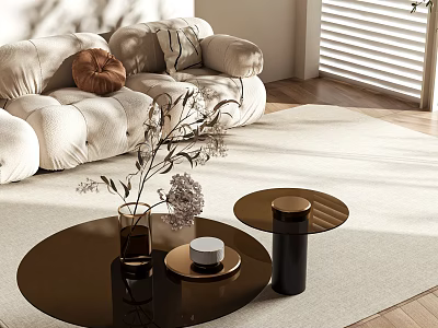 Modern Living Room Design With Round Brown Coffee Table Decorative Vases And Dried Flowers 3d model
