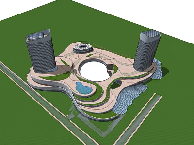 Modern Commercial Complex with Twin Towers Circular Plaza Green Landscaping and Water Feature 3d model