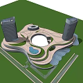 Modern Commercial Complex with Twin Towers Circular Plaza Green Landscaping and Water Feature
