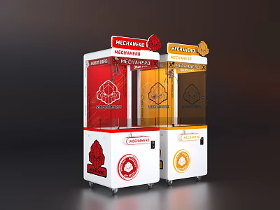 MechWarrior Themed Amusement Equipment Claw Machines with Red Yellow Transparent Windows Top Logos and Wheels 3d model