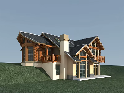 Single Family House Wooden Structure with Black Roof Chimney on Hillside Green Lawn Large Windows 3d model