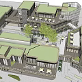 Modern Green Park Building With Glass Facade Plaza Pedestrians And Trees