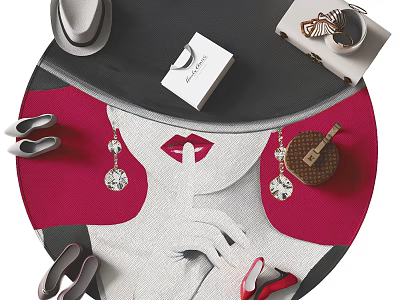 Stylish Round Rug With Fashion Accessories Lipstick Earrings Shoes And Handbag Design 3d model