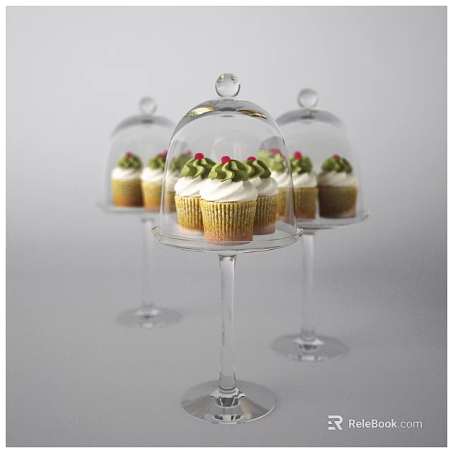 Delicious Cupcakes with Green Frosting and Red Cherries on Glass Stands with Domes 3d model 