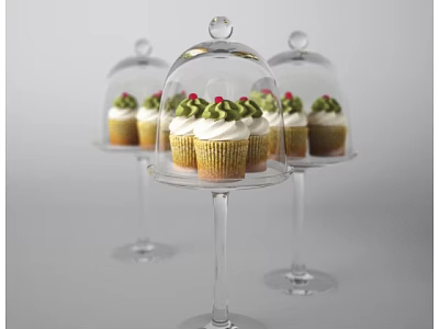 Delicious Cupcakes with Green Frosting and Red Cherries on Glass Stands with Domes 3d model