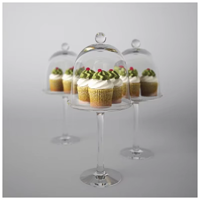 Delicious Cupcakes with Green Frosting and Red Cherries on Glass Stands with Domes 3d model