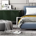 Blue Bed with White Gray Pillows Yellow Blanket Green Cabinet Decorative Paintings and Golden Light