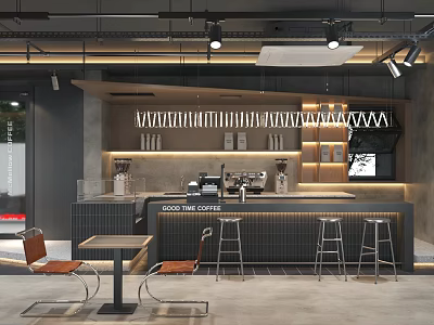 Modern Industrial Cafe Interior Design With Coffee Bar Counter Machines And Tables Chairs Warm Lighting 3d model