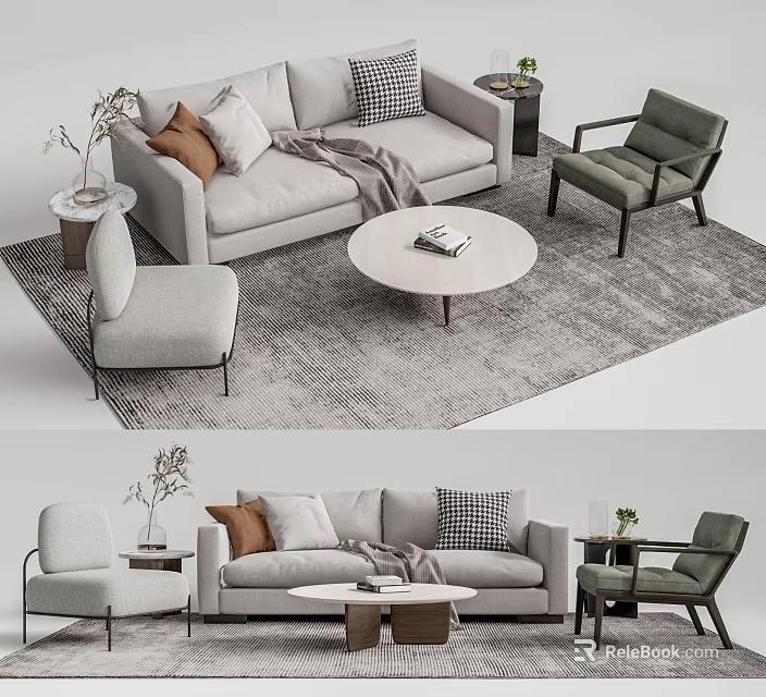 Modern Sofa And Coffee Table Set With Decorative Pillows Area Rug And Accent Armchair 3d model 