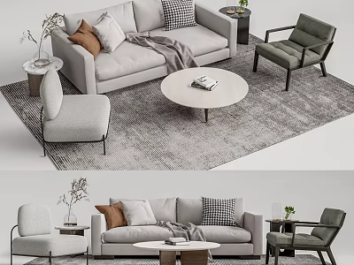 Modern Sofa And Coffee Table Set With Decorative Pillows Area Rug And Accent Armchair 3d model