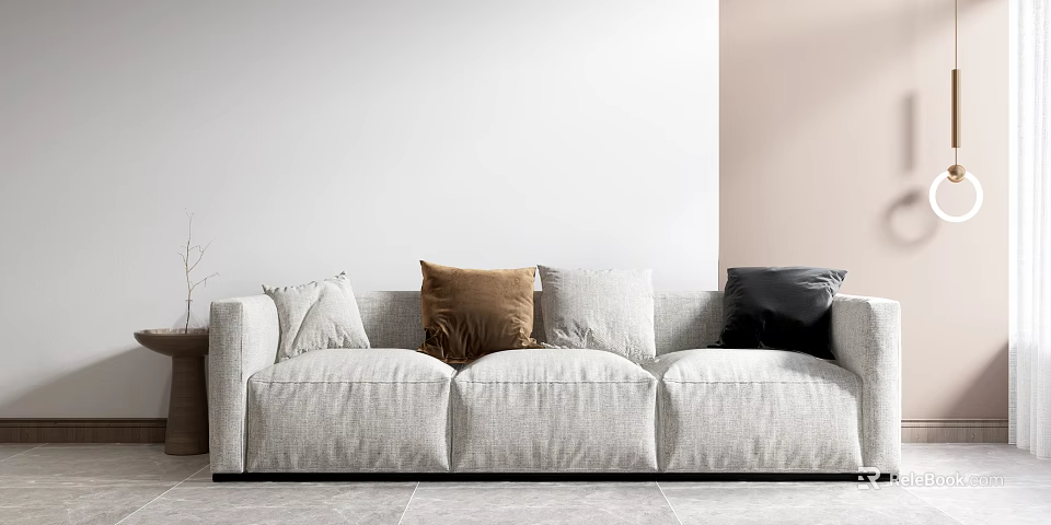 Light Gray Linen Three Seater Sofa With Beige Brown Black Pillows In Modern Room 3d model 