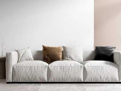 Light Gray Linen Three Seater Sofa With Beige Brown Black Pillows In Modern Room 3d model