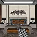 Modern Bedroom Interior With Upholstered Bed Side Tables Wall Art And Area Rug