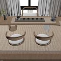 Minimalist Tea Table And Chairs Interior With Wooden Frame Ceramic Teacups Potted Plant And Curtains