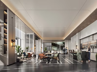 Modern Hotel Lobby Interior Featuring Marble Flooring Reception Desk And Green Plants 3d model