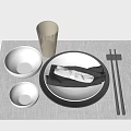 Modern Dinnerware Set With White Bowls Black Cup Plate Napkin Chopsticks On Gray Placemat