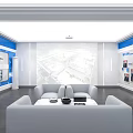 Modern Tech Savvy Exhibition Hall With Blue Background Sofas And Display Wall 3d model