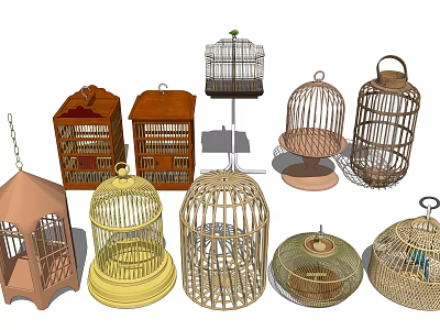 Decorative Ornament Set With Various Wooden And Bamboo Birdcages For Home Decoration 3d model